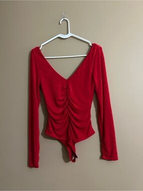 Peach Love California Red Ruched V-Neck Long Sleeve Bodysuit